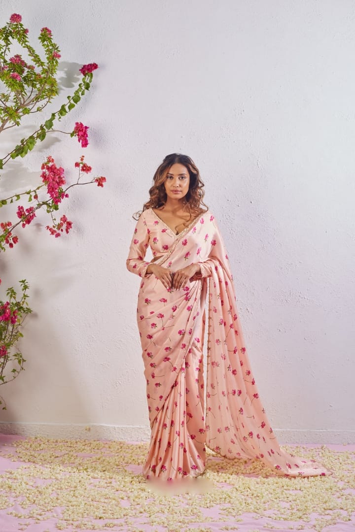 New One Minute Ready To Wear  Pure Soft Satin Silk Beautiful Flower Digital Printed Saree With Cutdana And Moti Handwork With Same Model long Sleeve Stiched Blouse