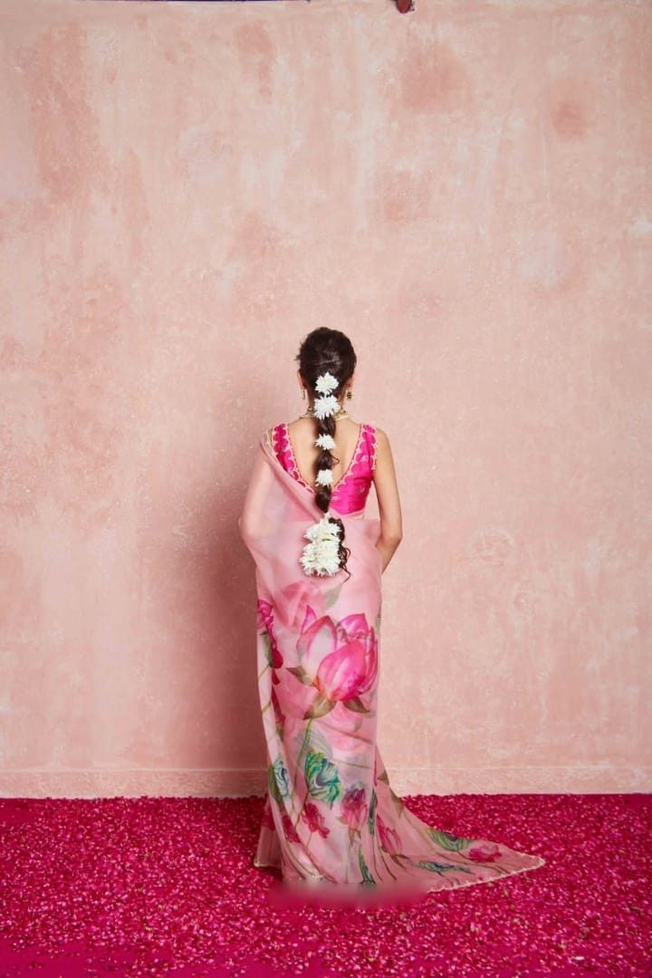 New One Minute Ready To Wear Soft Organza Silk Pink Saree with Beautiful Hand Worked Moti  And Val Work With Same Handworked Stiched Blouse