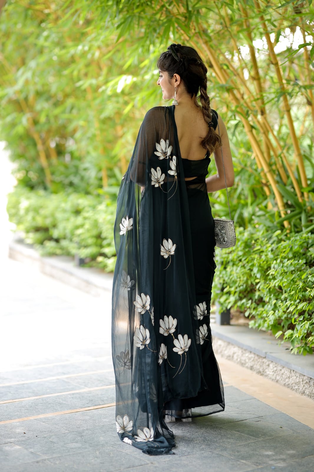 New One Minute Ready To Wear Pure Soft Georgette Silk Flower Designed Black Saree With Same Model  Unstiched Blouse Piece