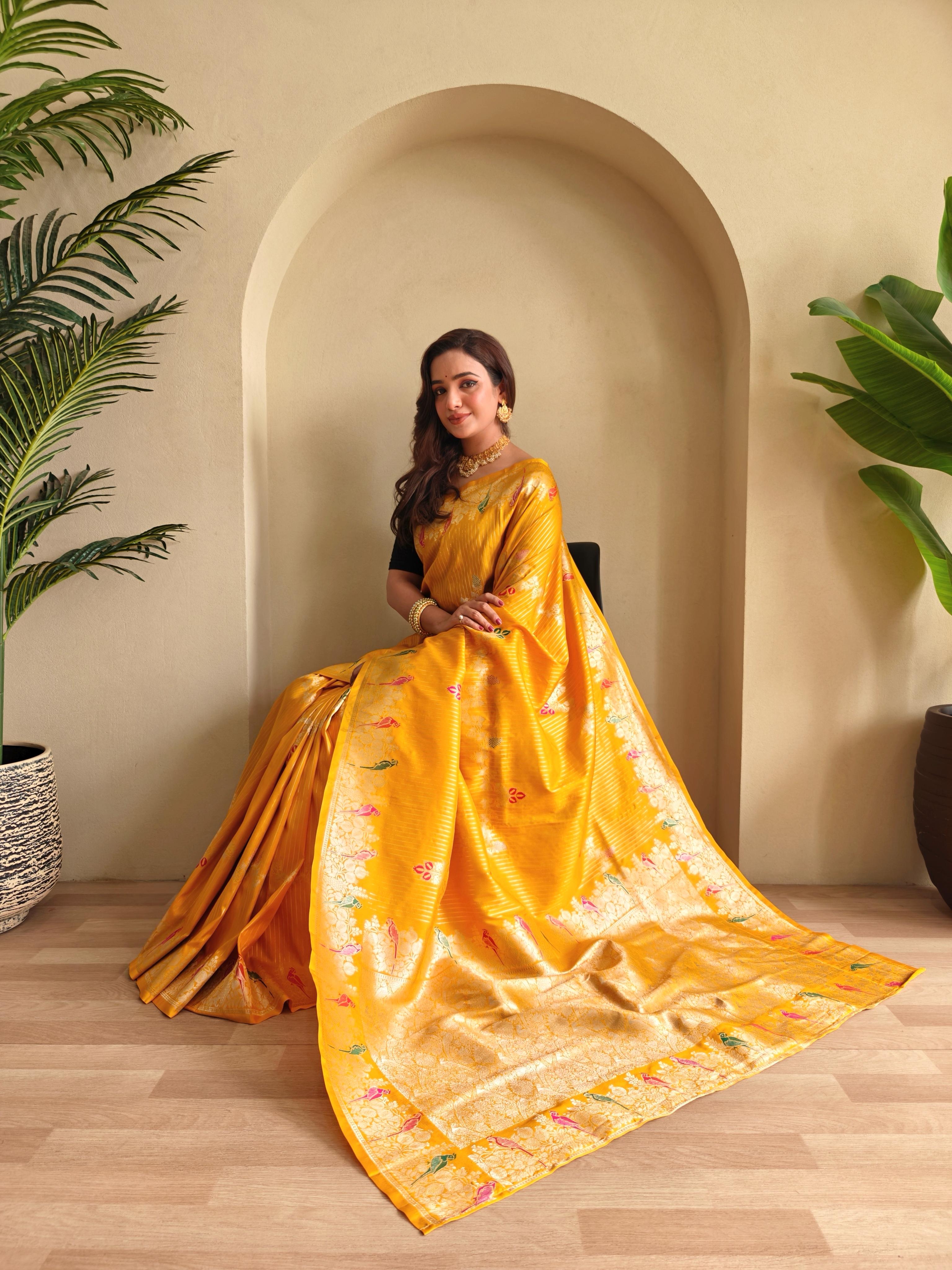 New Designer Banarasi Mushro Satin Silk Zari Weaved Yellow Saree With Unstiched Blouse Piece