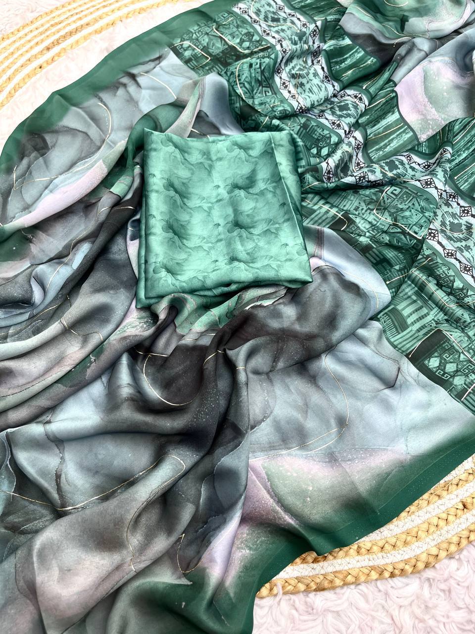 New Designer Bollywood Style Sattin Georgette Saree - Green