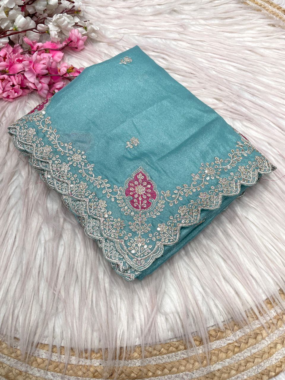 New Designer Blooming Chocolate Silk Saree With Multi Embroidery work - Ocean blue