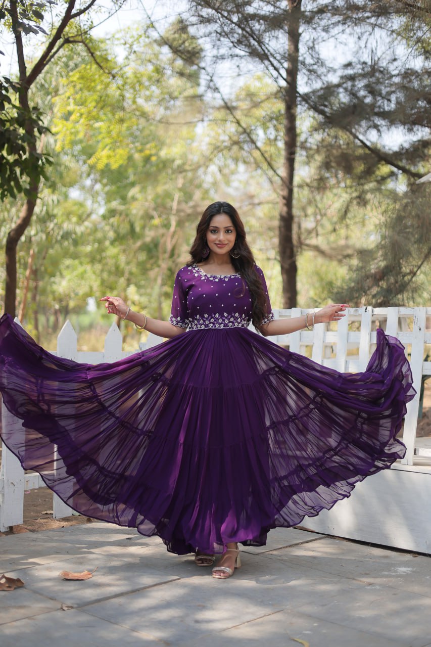 PREMIUM DESIGNER READYMADE GOWN WITH BEADS EMBROIDERY WORK - PURPLE