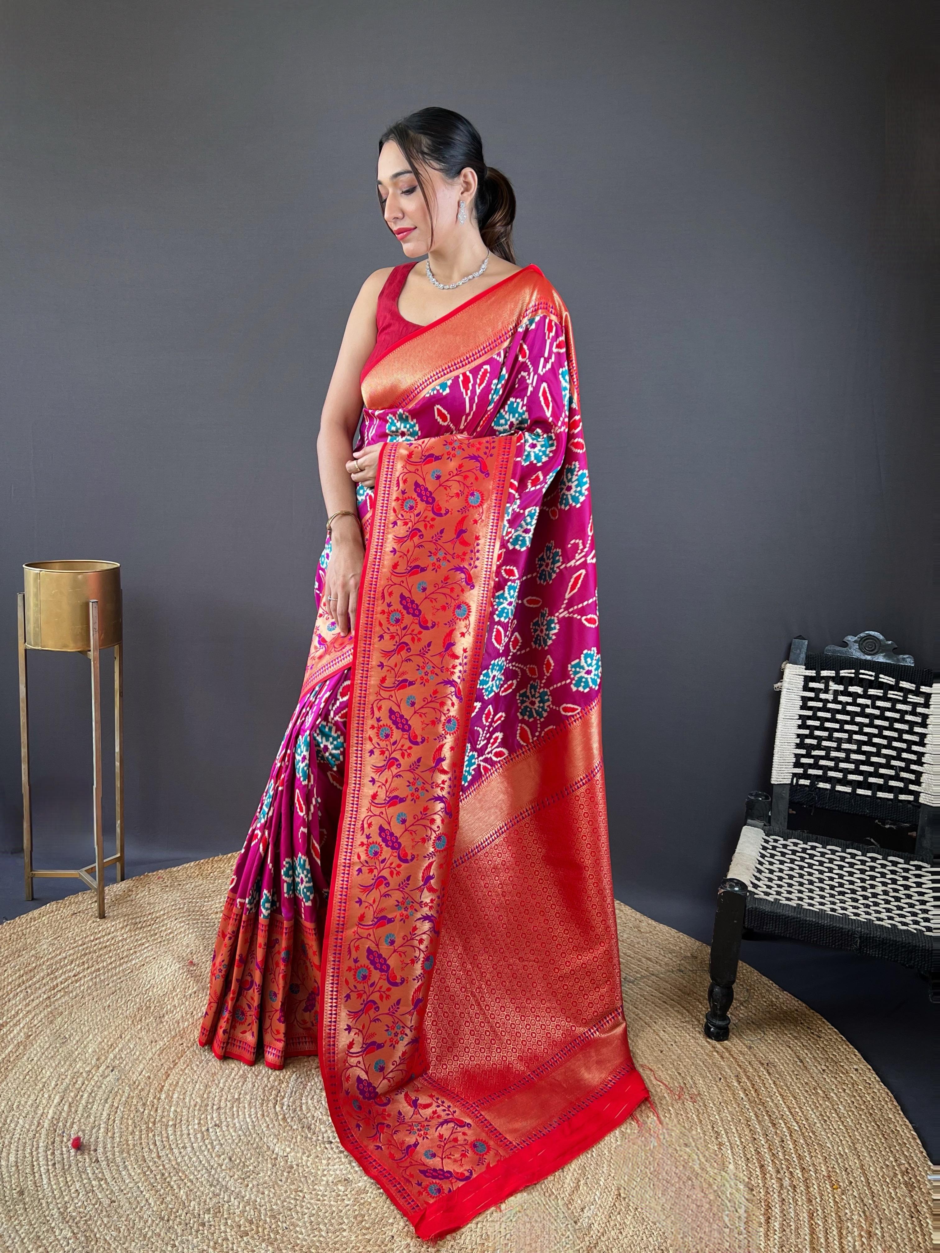 New Designer Premium Soft Silk Patola Weaved Magenta Purple Saree With Unstiched Blouse Piece