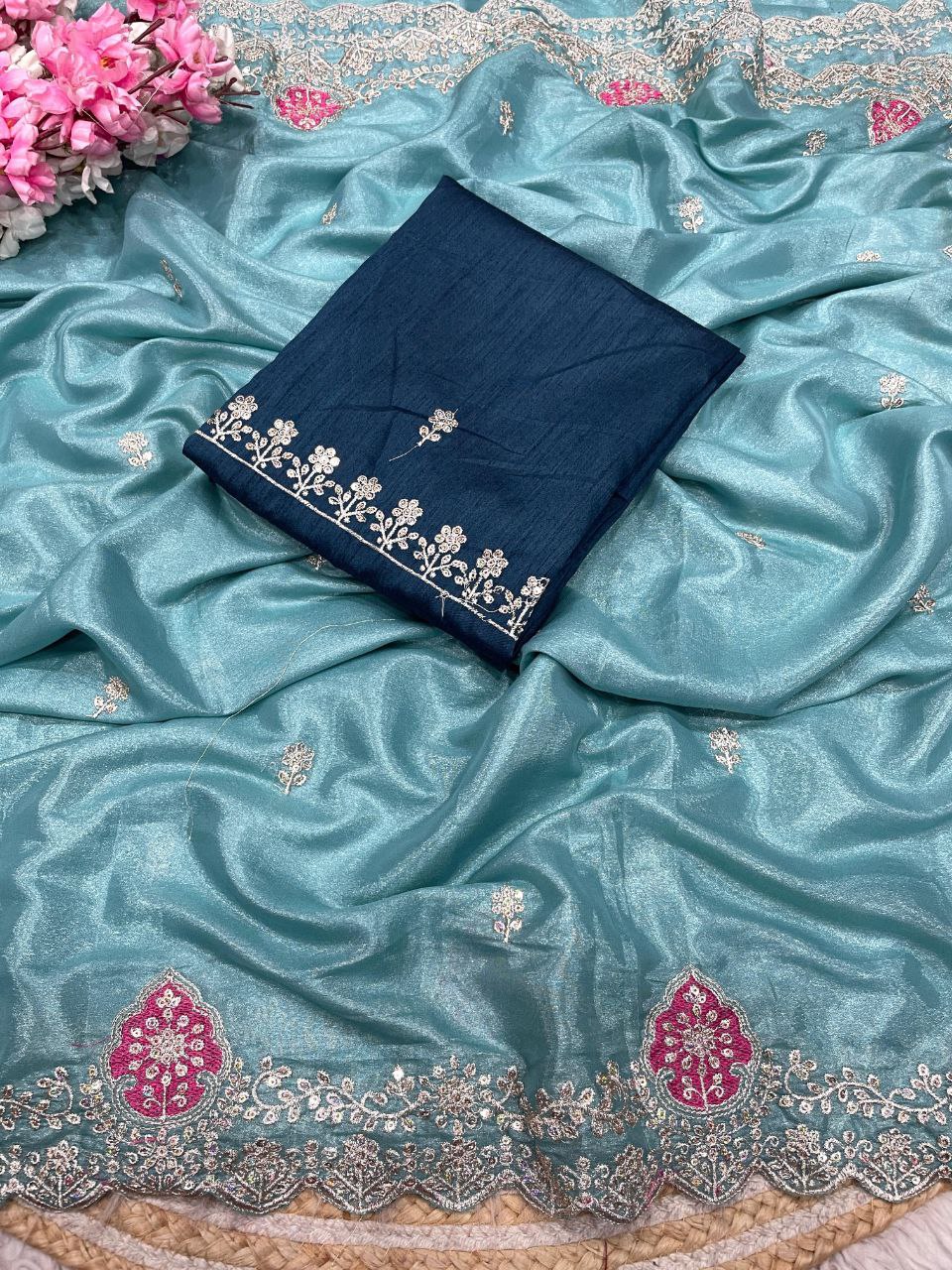 New Designer Blooming Chocolate Silk Saree With Multi Embroidery work - Ocean blue