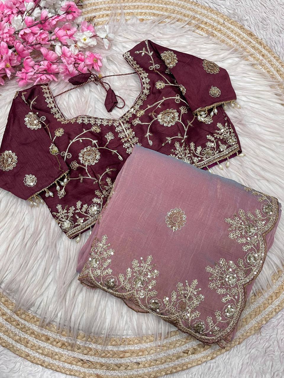New Designer NC Vichitra Two Tone Pink Saree With Sequence Coding Embroidery Work