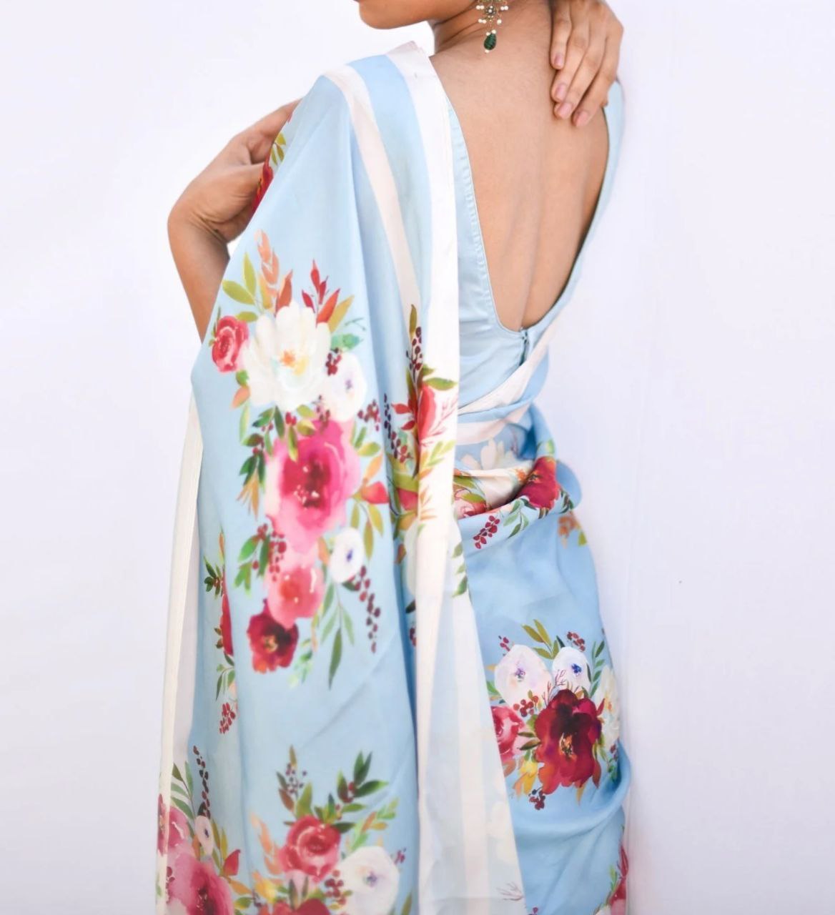 New Designer Original Japan Satin Flower Printed Sea Blue Saree With Digital Printed Unstiched Blouse Piece