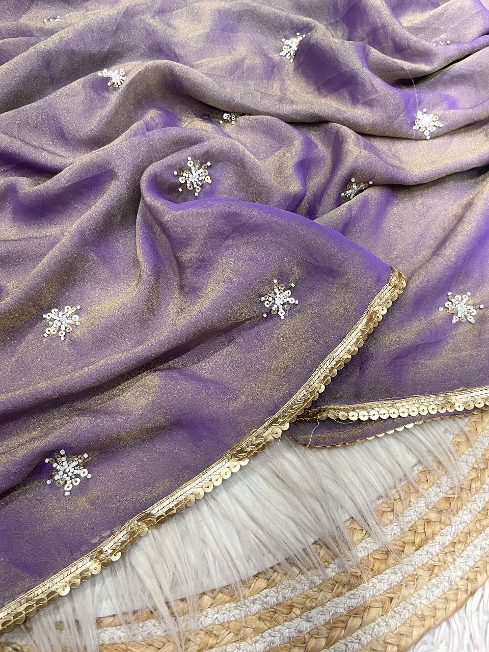 New Designer NC Moss Sattin Saree With All Over Birts Sequence Butti Work - Purple