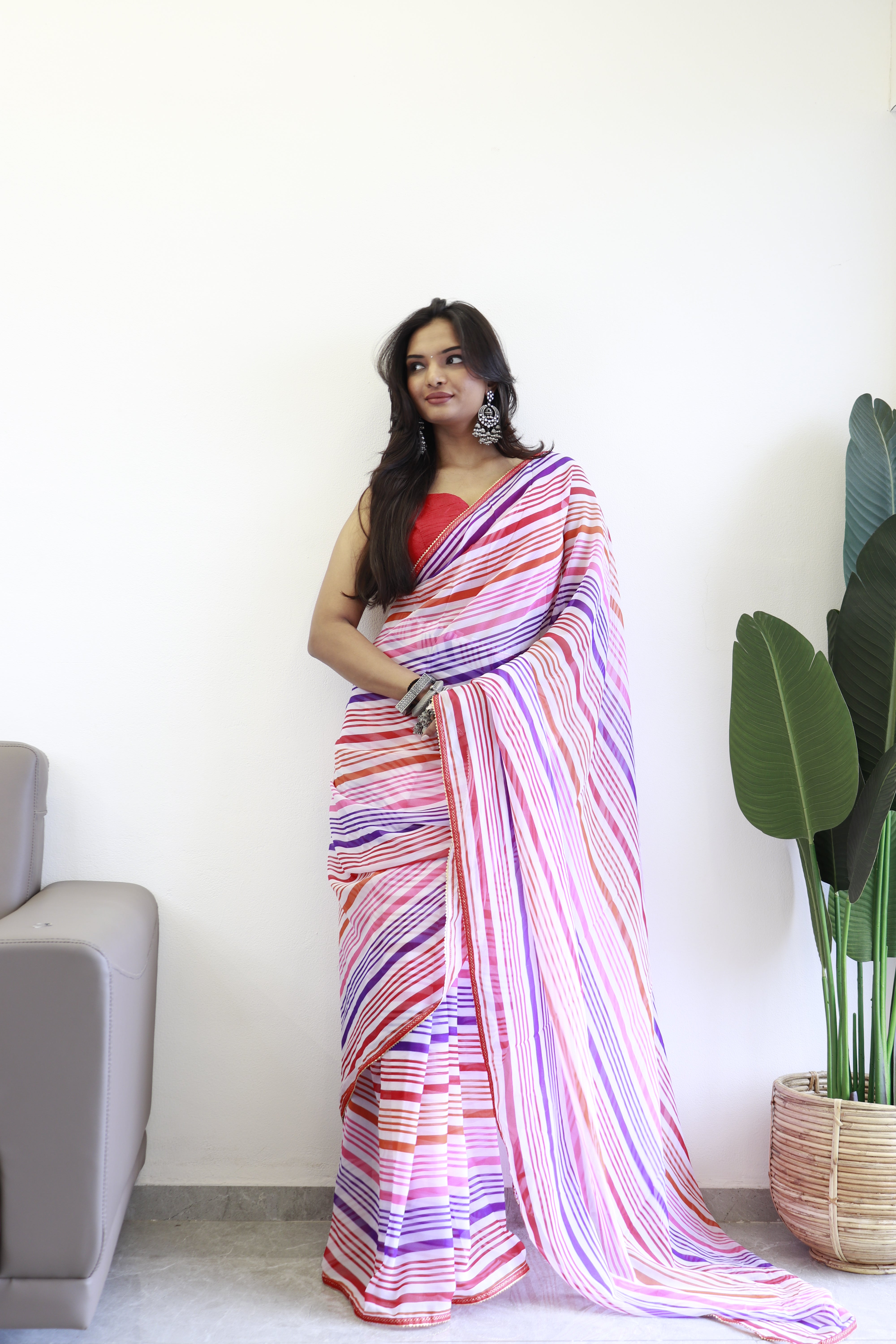 New One Minute Ready Wear Pink Multicolor Strip Saree