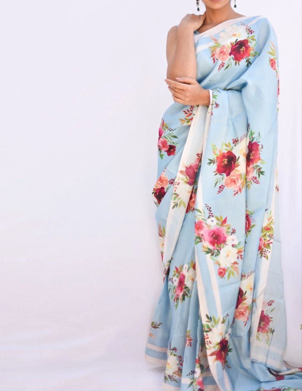 New Designer Original Japan Satin Flower Printed Sea Blue Saree With Digital Printed Unstiched Blouse Piece