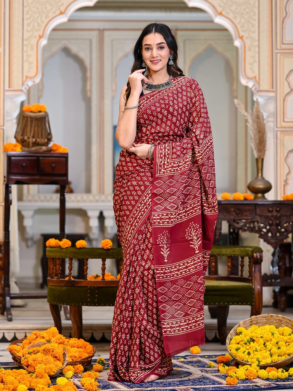 New One Minute Ready To Wear  Pure Soft Linen Silk Digital Printed Reddish Maroon Saree With Same Model Unstiched Blouse