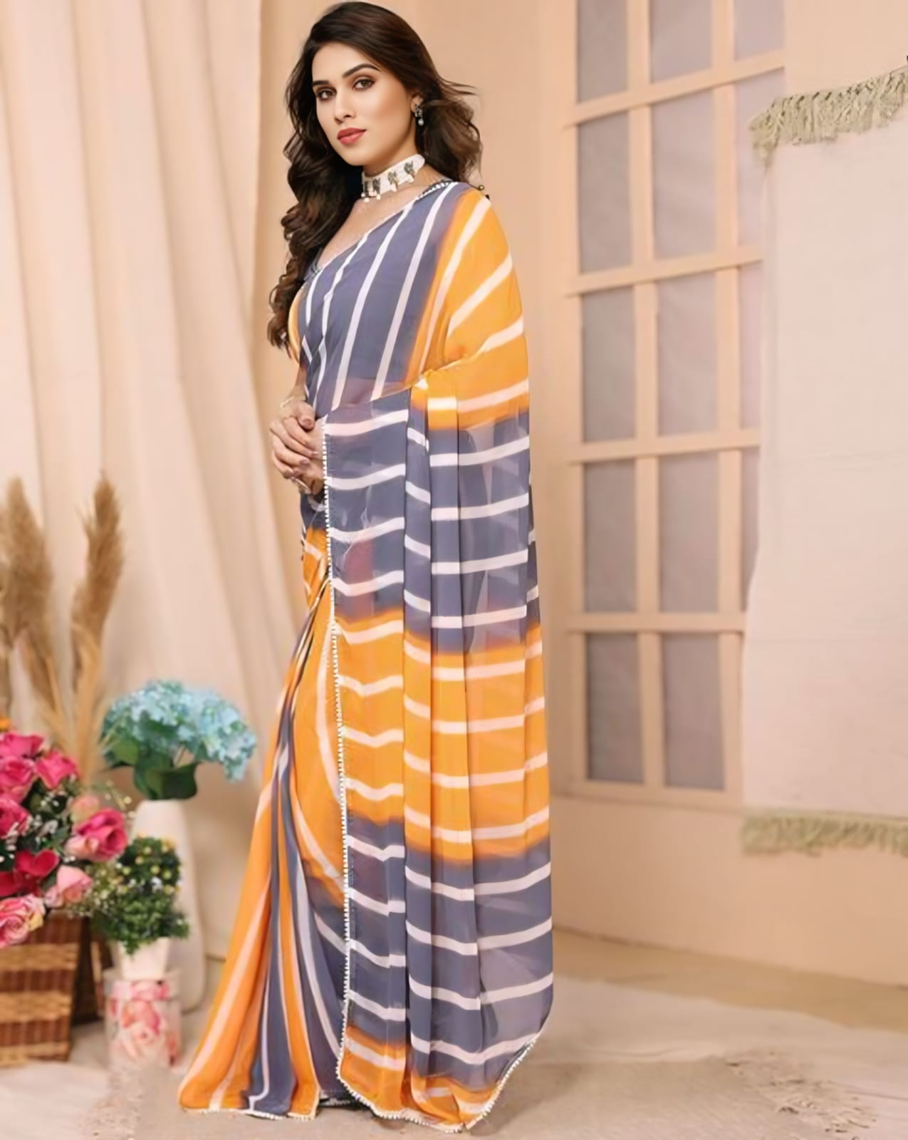 New One Minute Ready To Wear  Pure Soft Georgette Silk Leheriya Printed Orange-Grey Saree With Same Model Unstiched Blouse