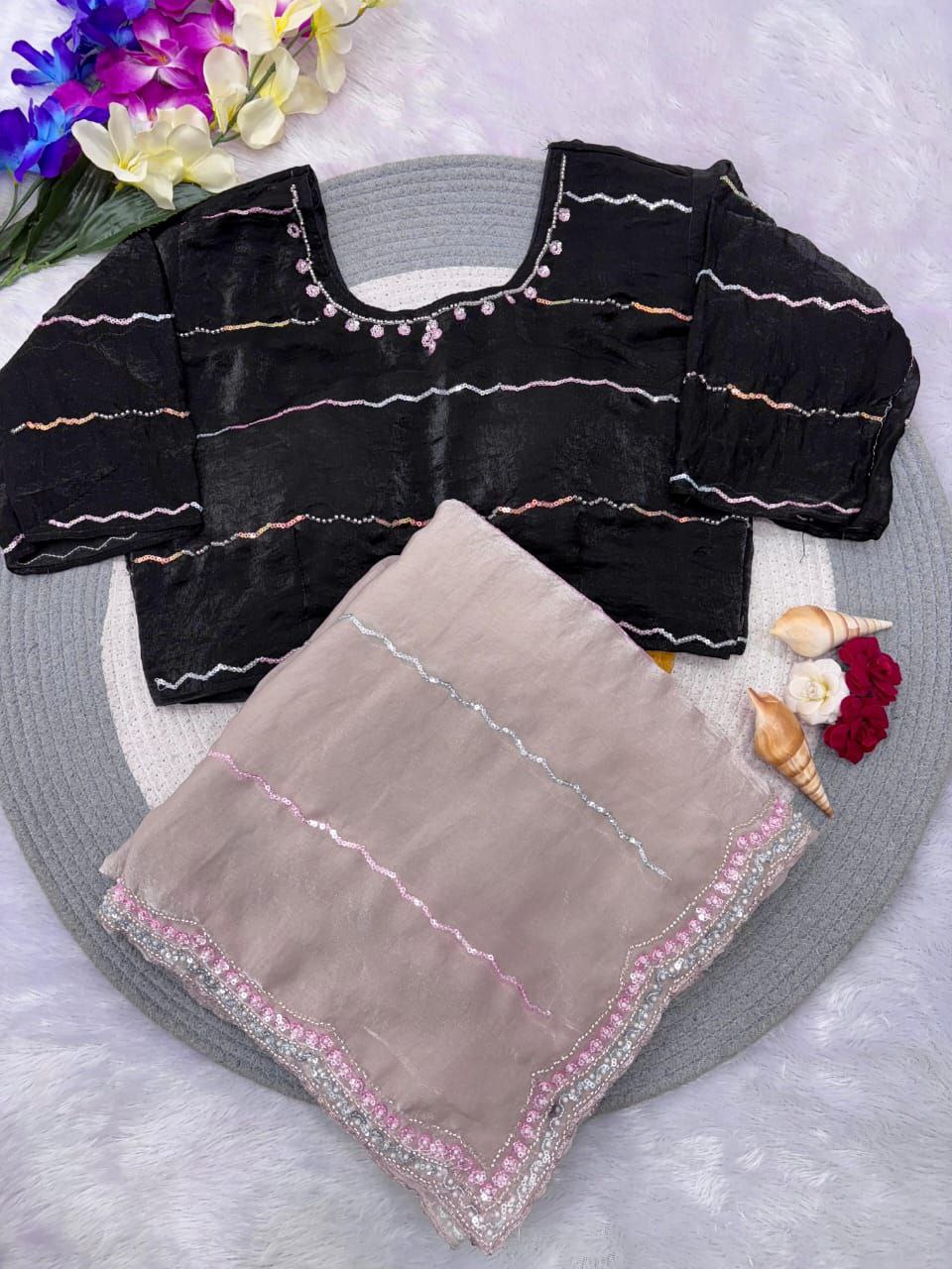 New Designer Fandy Sattin Saree With Brits Work - Pinkish Brown