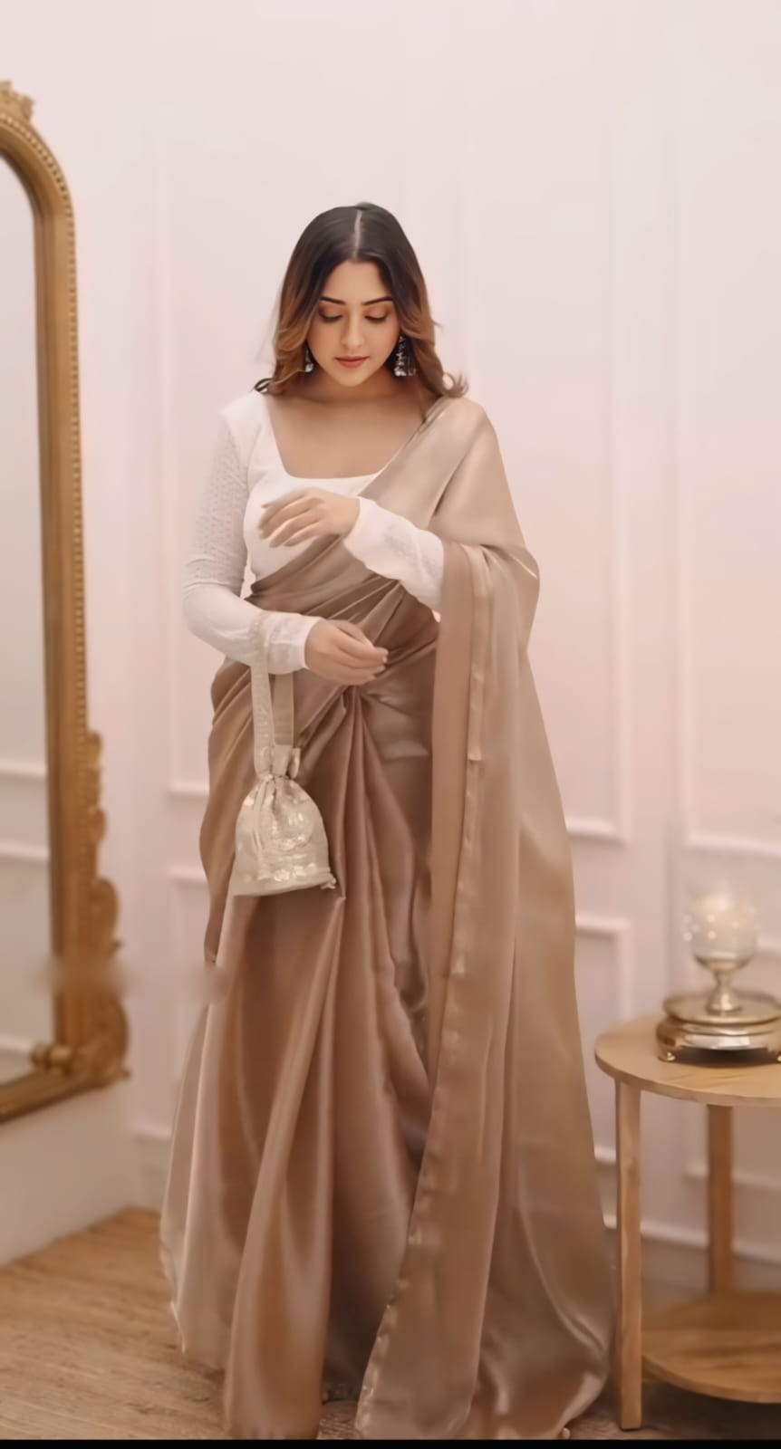 New Designer Soft Fancy Fandy Silk Two Tone Dark Cream Saree With Heavy Embroidery Work Full Sleeve Stiched Blouse