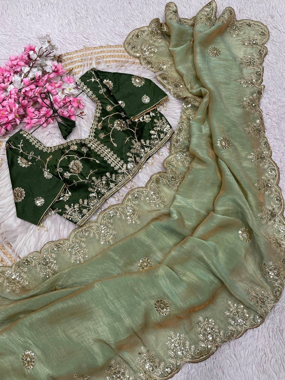 New Designer NC Vichitra Two Tone Green Saree With Sequence Coding Embroidery Work