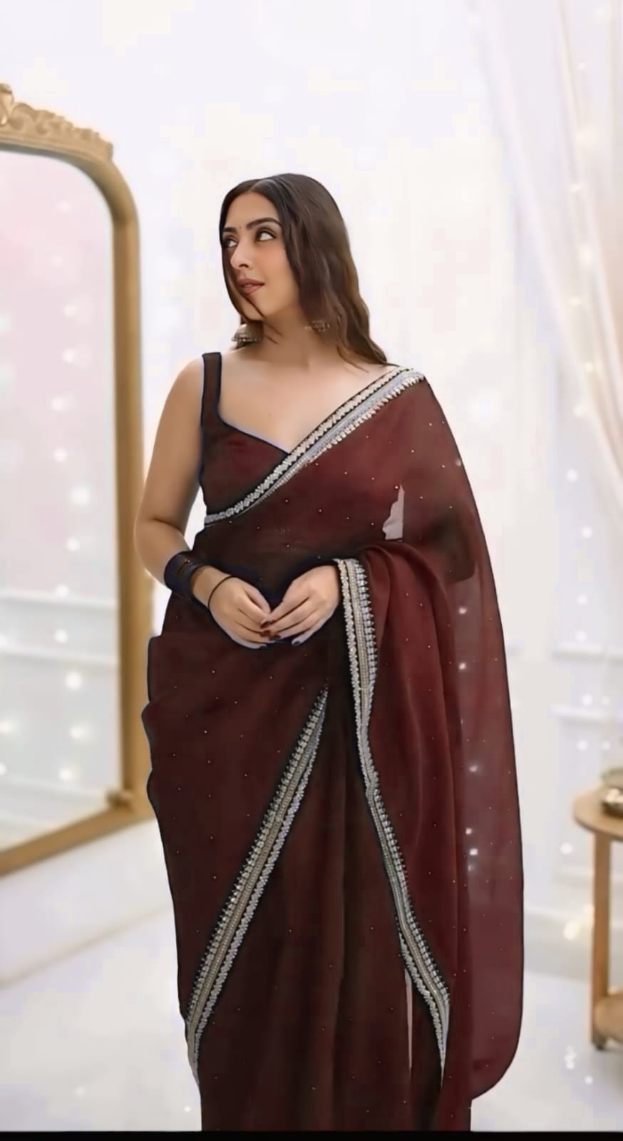 New One Minute Ready To Wear Pure Soft Organza Silk Dark Maroon Saree With Beautiful Diamond Work All Over The Saree Handwork With Same Colour Stiched Blouse