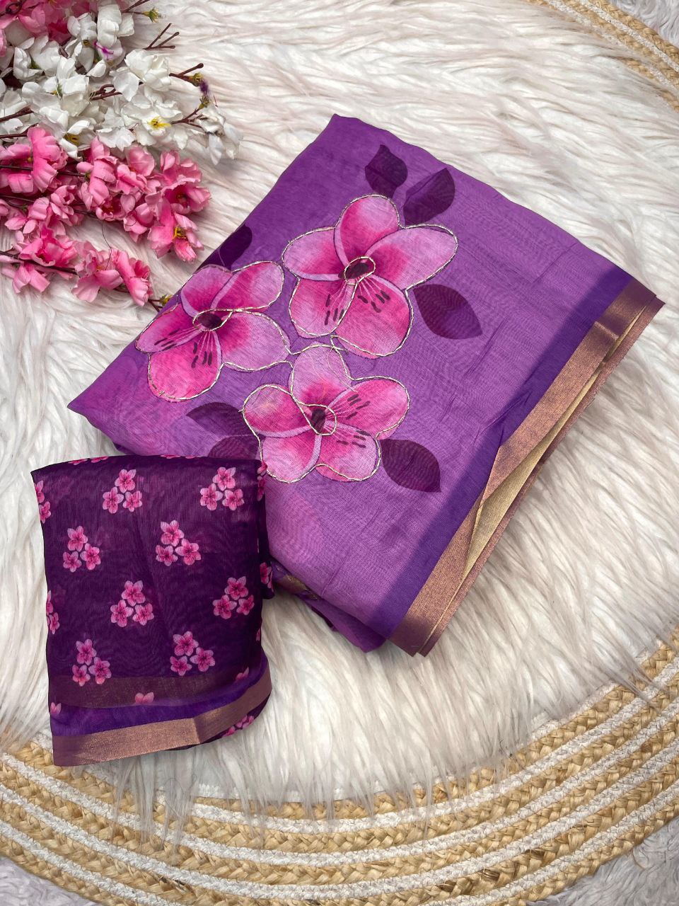 New Designer Digital Printed Chanderi Cotton Saree - Wine