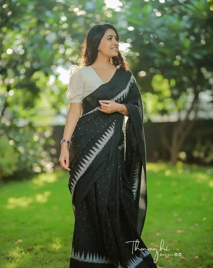 New One Minute Ready To Wear  Pure Soft Linen Silk Digital Printed Black Saree With Same Model White Unstiched Blouse