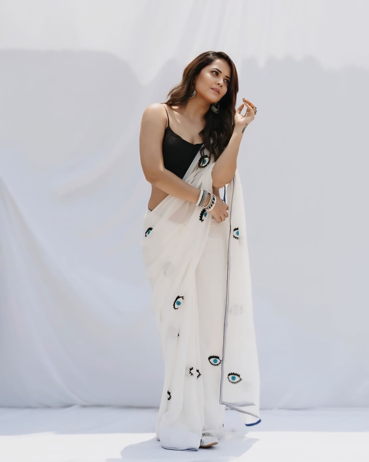 New One Minute Ready To Wear Pure Georgette Silk White Saree With Full Body Eye Design With Same Model Black Unstiched Blouse Piece