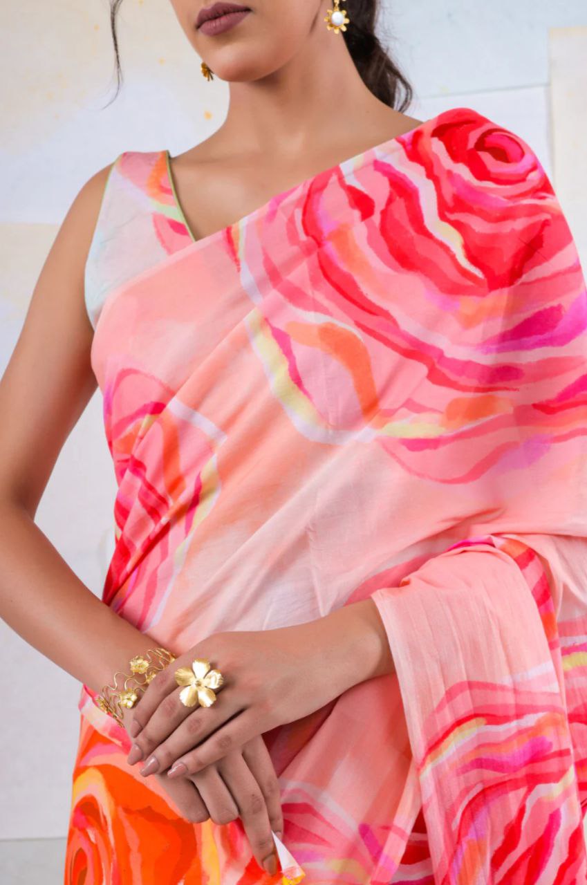 New Designer Original Japan Satin Rose Flower Printed Peach Saree With Digital Printed Unstiched Blouse Piece