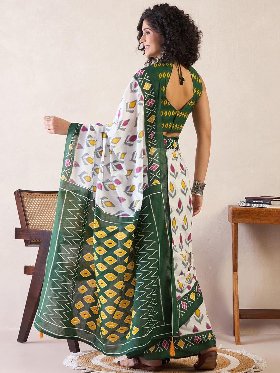 New One Minute Ready To Wear Pure Soft Mul Cotton Silk Green Bodered White Saree With  Pocket Along With Same Model  Unstiched Blouse Piece