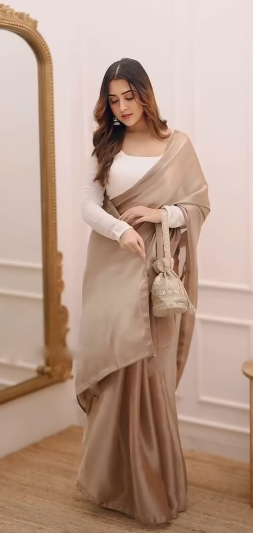 New Designer Soft Fancy Fandy Silk Two Tone Dark Cream Saree With Heavy Embroidery Work Full Sleeve Stiched Blouse