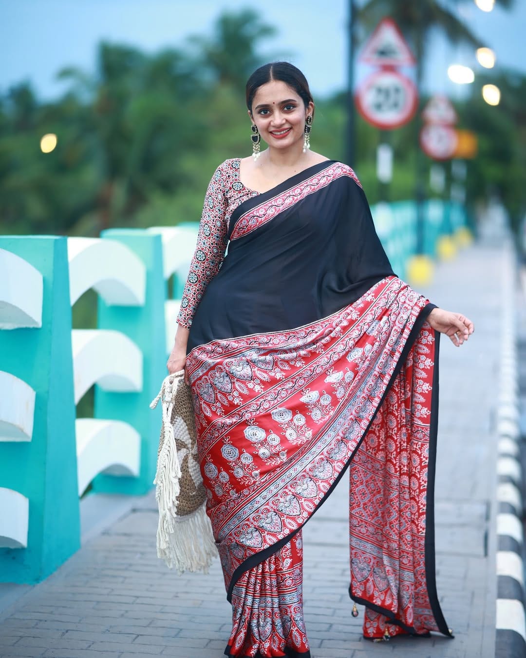 New One Minute Ready To Wear Flower Digital Printed Crape Silk Black-Red Saree