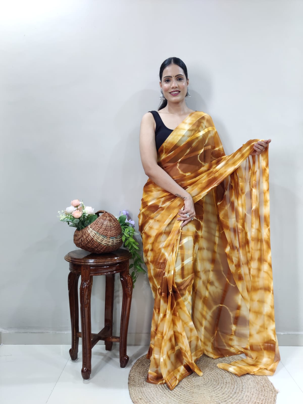 New One Minute Ready Wear Yellow Bandhani Georgette Saree