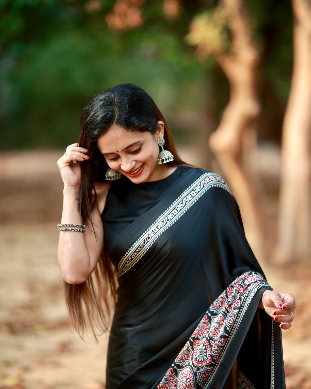 New One Minute Ready To Wear Digital Printed Crape Silk Black Saree