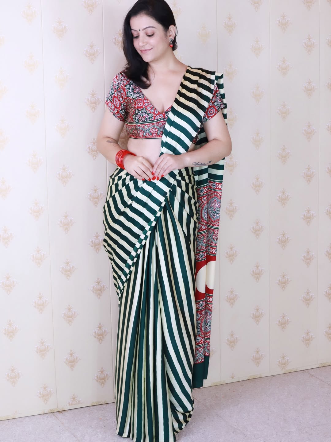 New One Minute Ready To Wear Digital Printed Crape Silk Green-White Saree