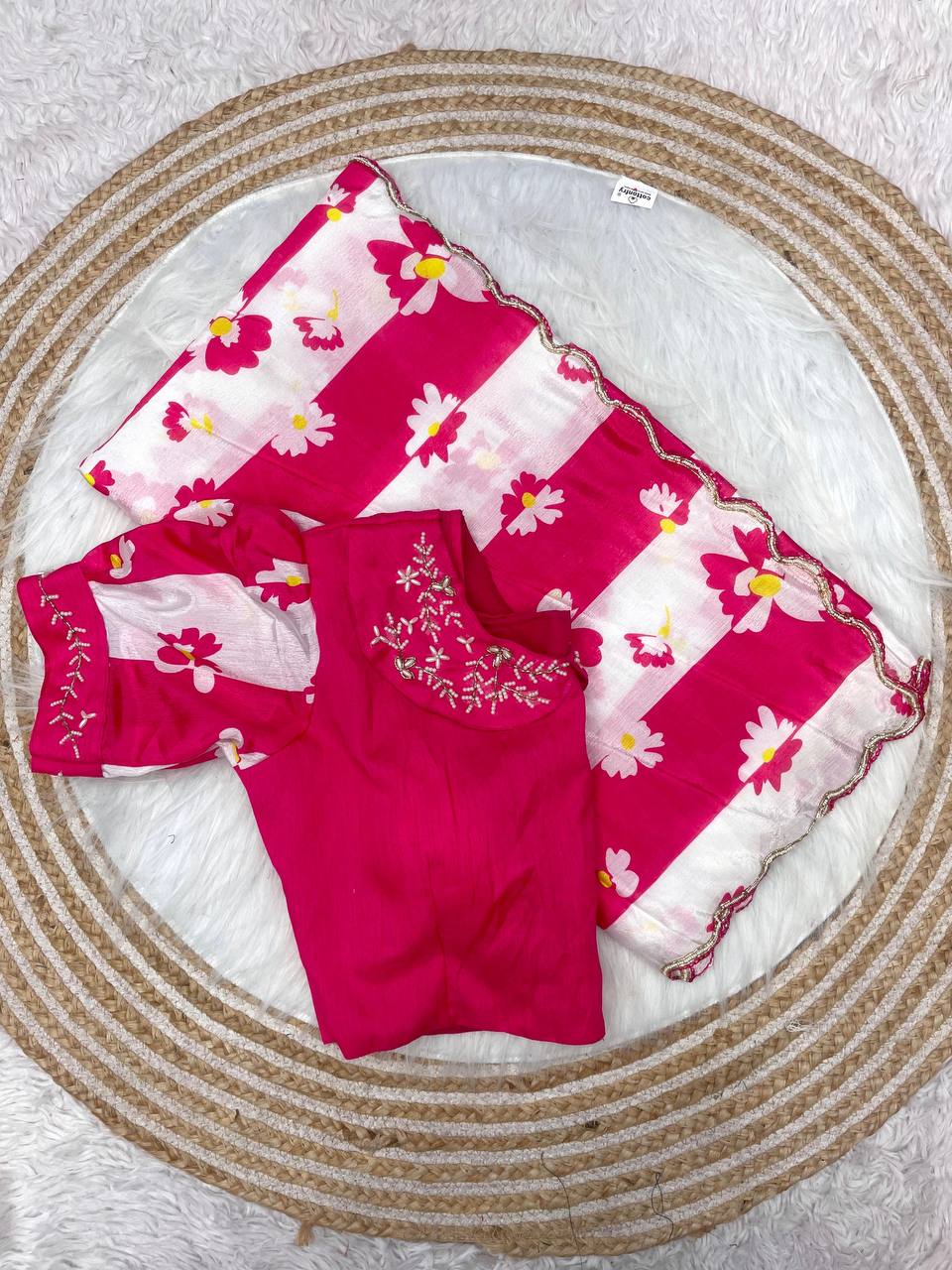 New Designer Digital Printed Chinnon Saree - Pink