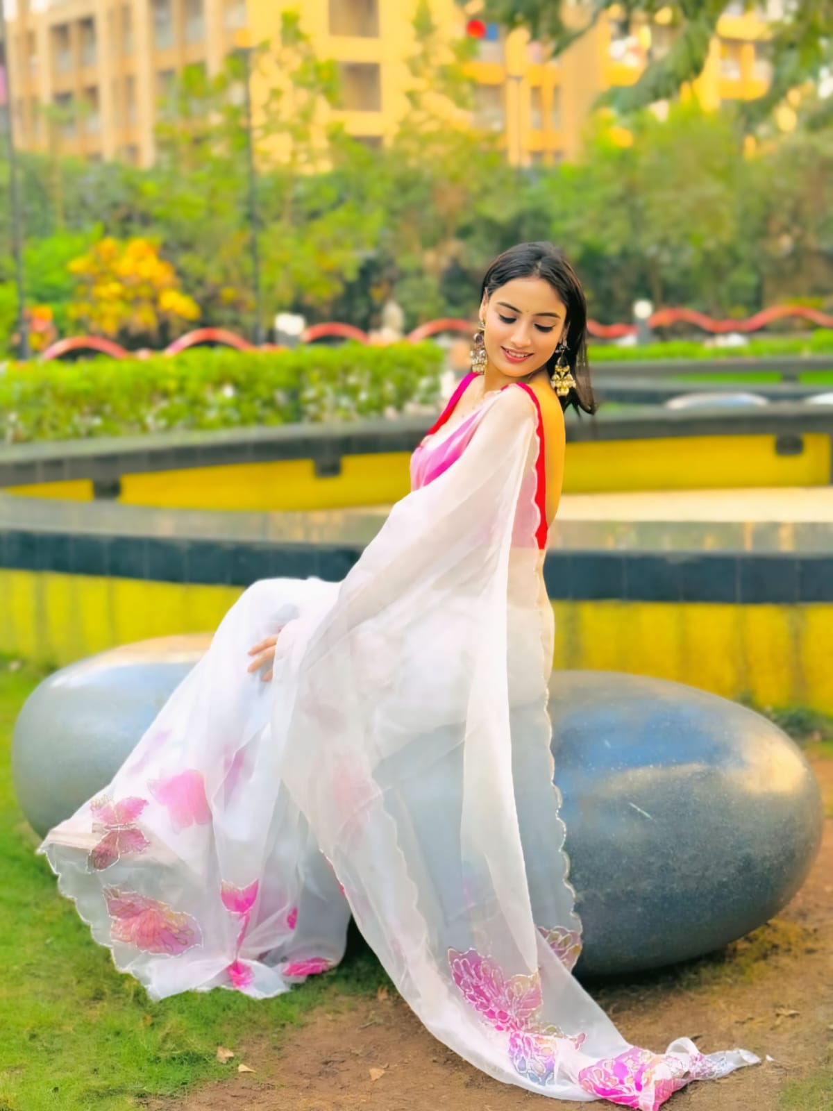 New One Minute Ready To Wear  Pure Soft Organza Silk Saree With Multicolour Butterfly Moti Handwork With Same Model Unstiched Blouse Piece