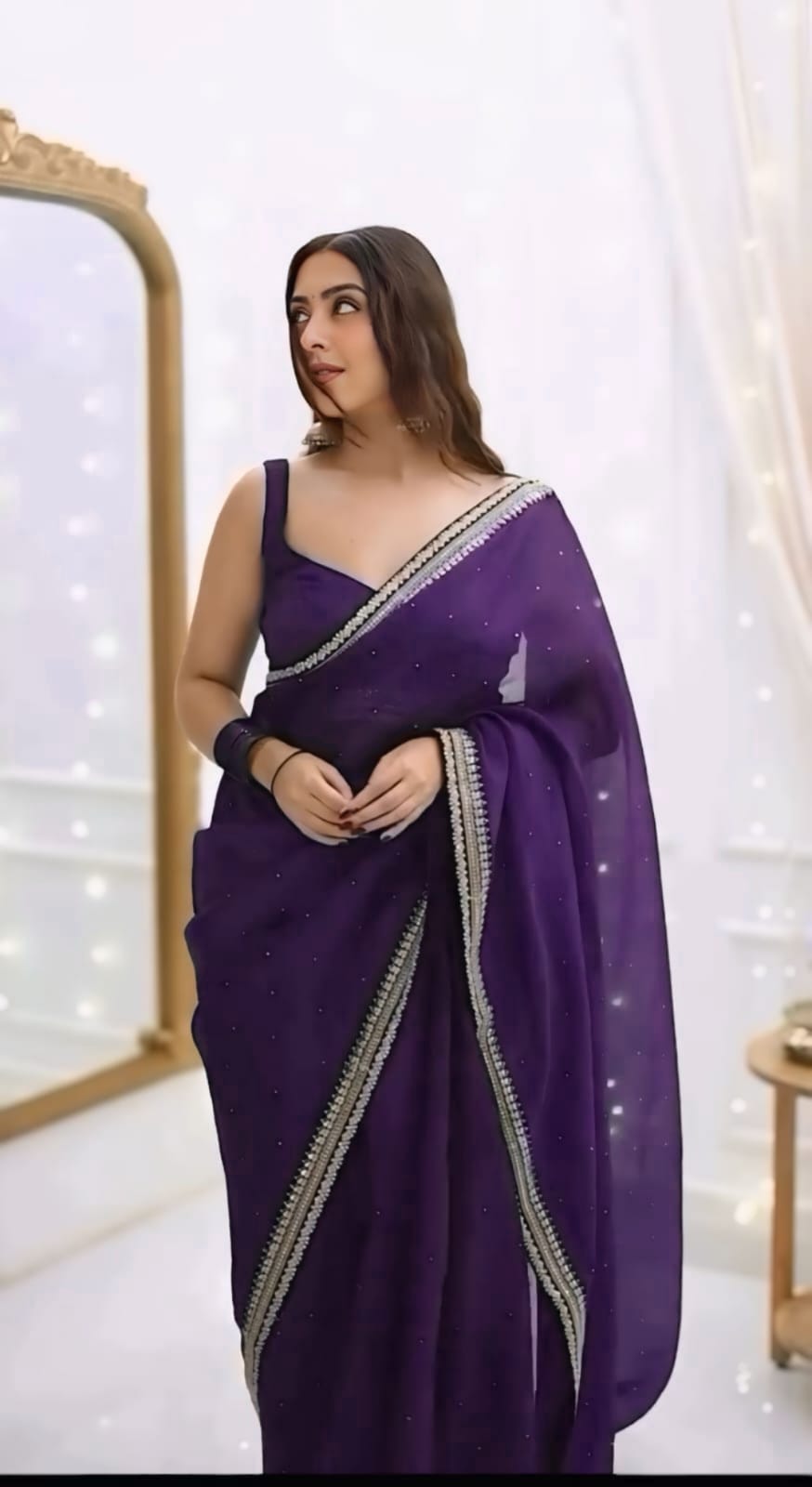New One Minute Ready To Wear Pure Soft Organza Silk Dark Purple Saree With Beautiful Diamond Work All Over The Saree Handwork With Same Colour Stiched Blouse
