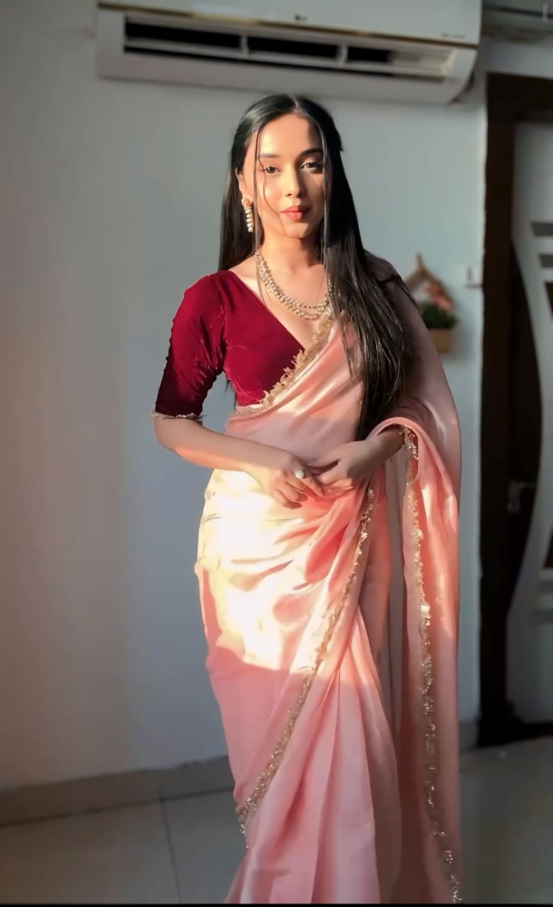 New One Minute Ready Wear Peach Organza Saree