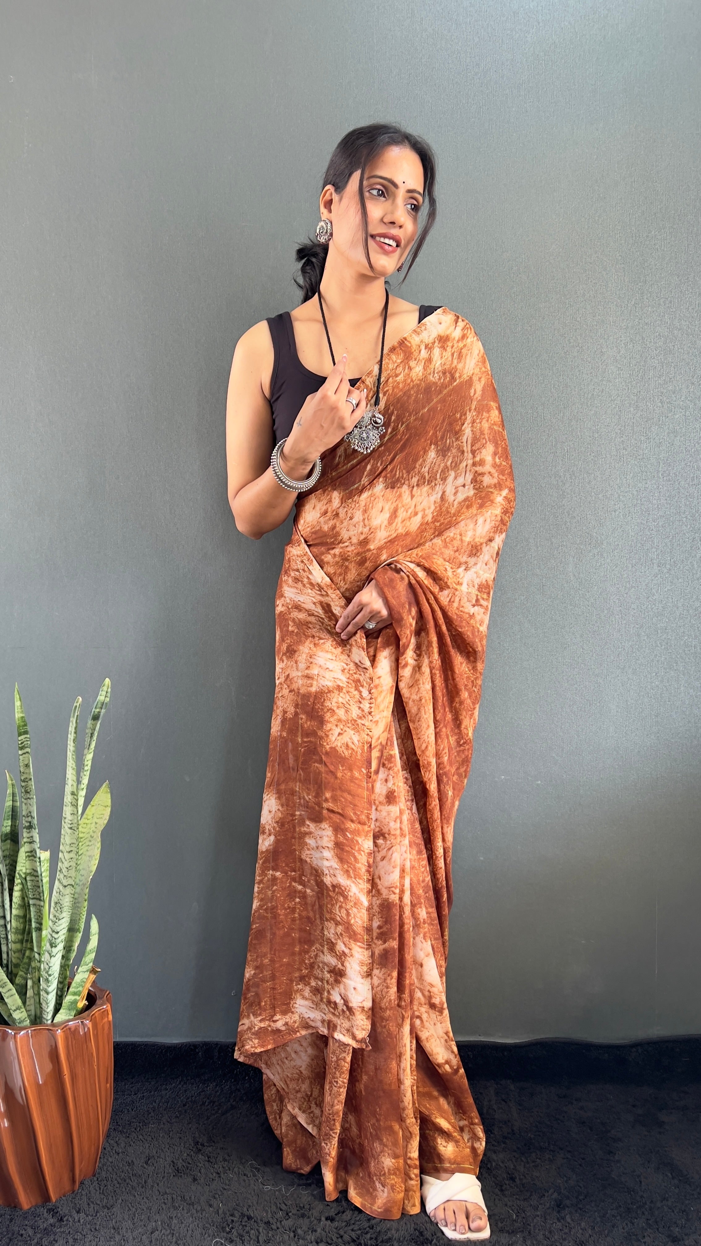 Adita One Minute Ready To Wear Brown Saree With Unstiched Blouse