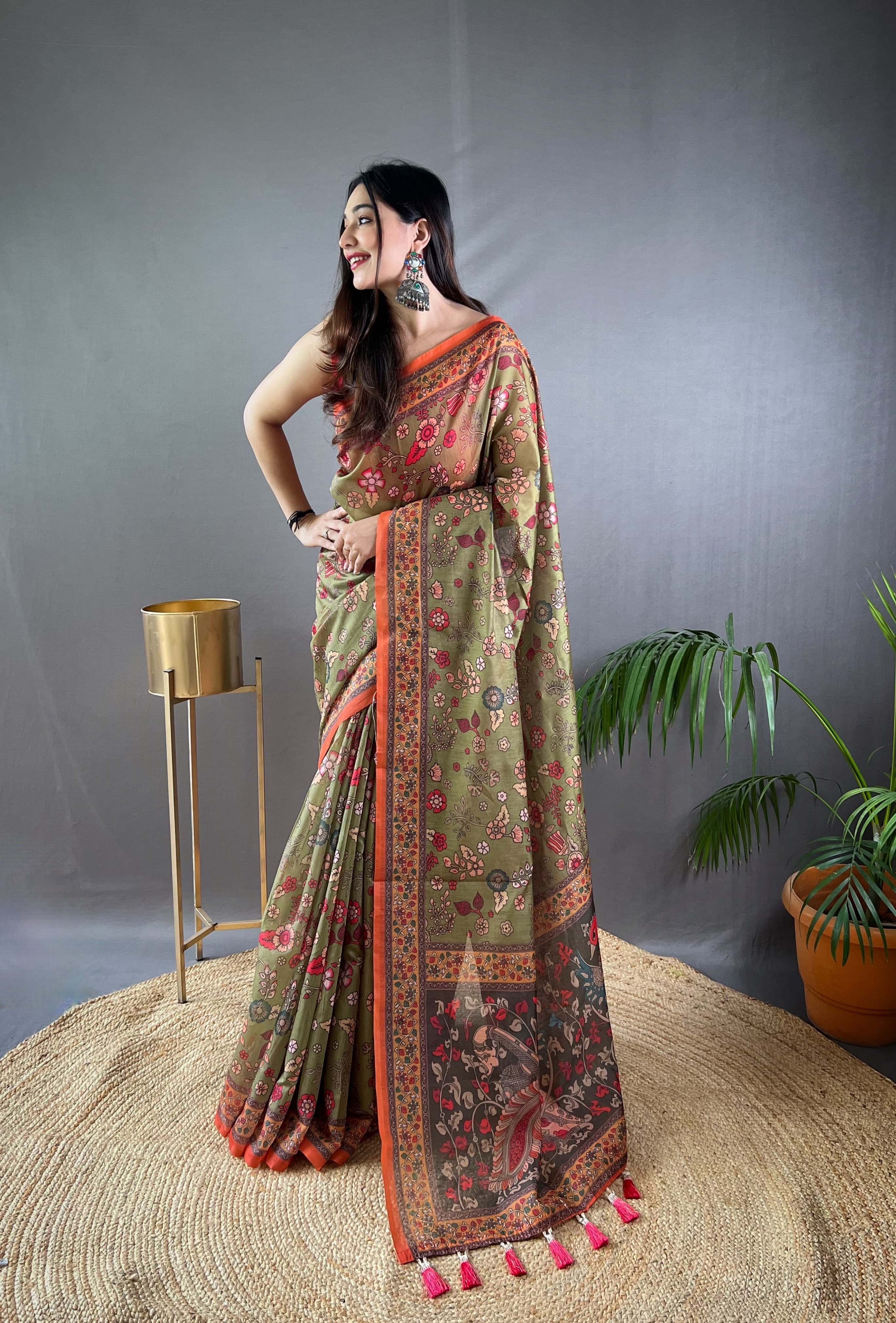 New Designer Pure Malai Cotton Saree With Beautiful Kalamkari Prints Along With Contras Big Pallu With Tussels - Light Kombu Green