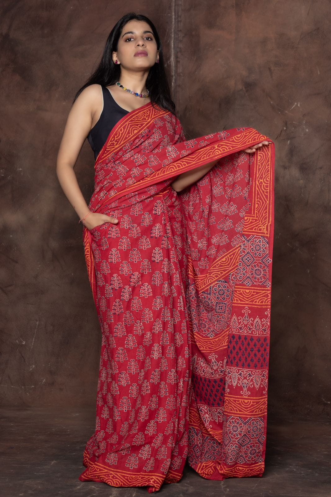 New One Minute Ready To Wear  Pure Soft Mul Cotton Silk Red Saree With  Pocket Along With Running Unstiched Blouse Piece