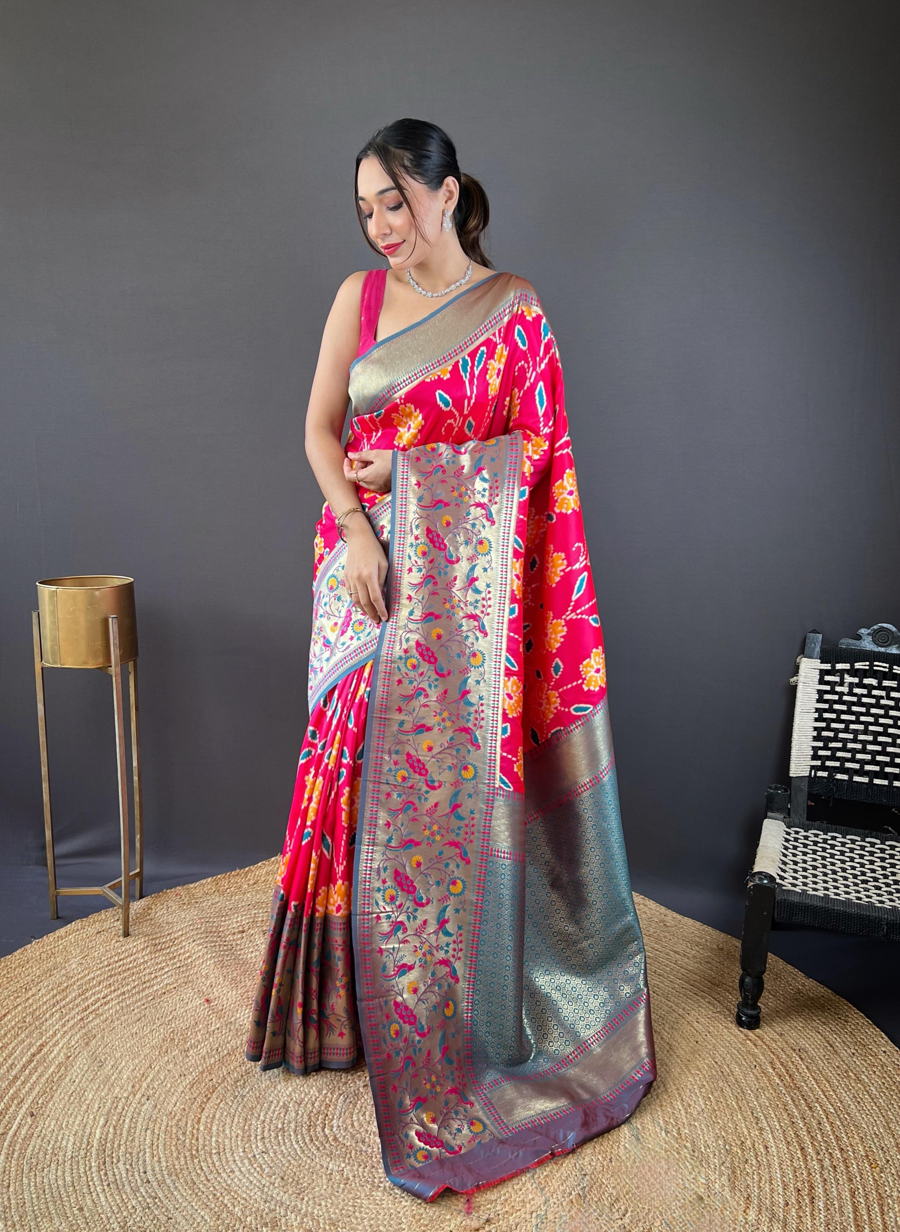 New Designer Premium Soft Silk Patola Weaved Rani Pink Saree With Unstiched Blouse Piece