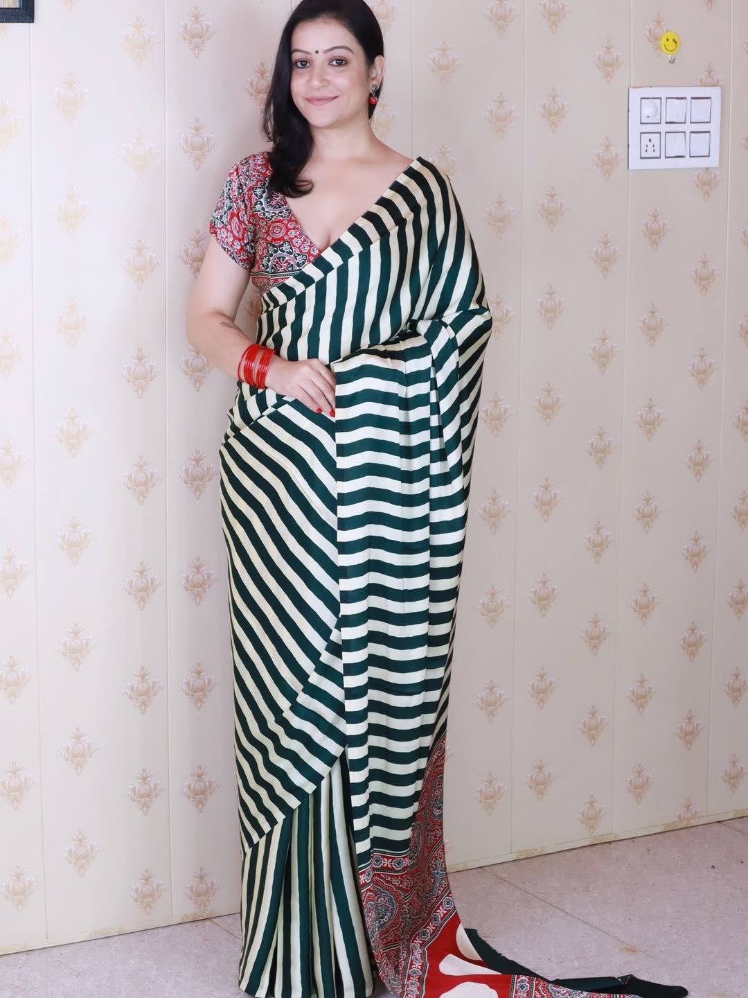 New One Minute Ready To Wear Digital Printed Crape Silk Green-White Saree