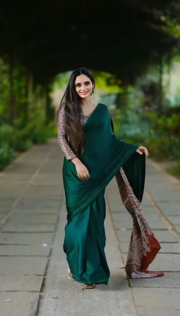 New One Minute Ready To Wear Digital Printed Crape Silk Green Saree