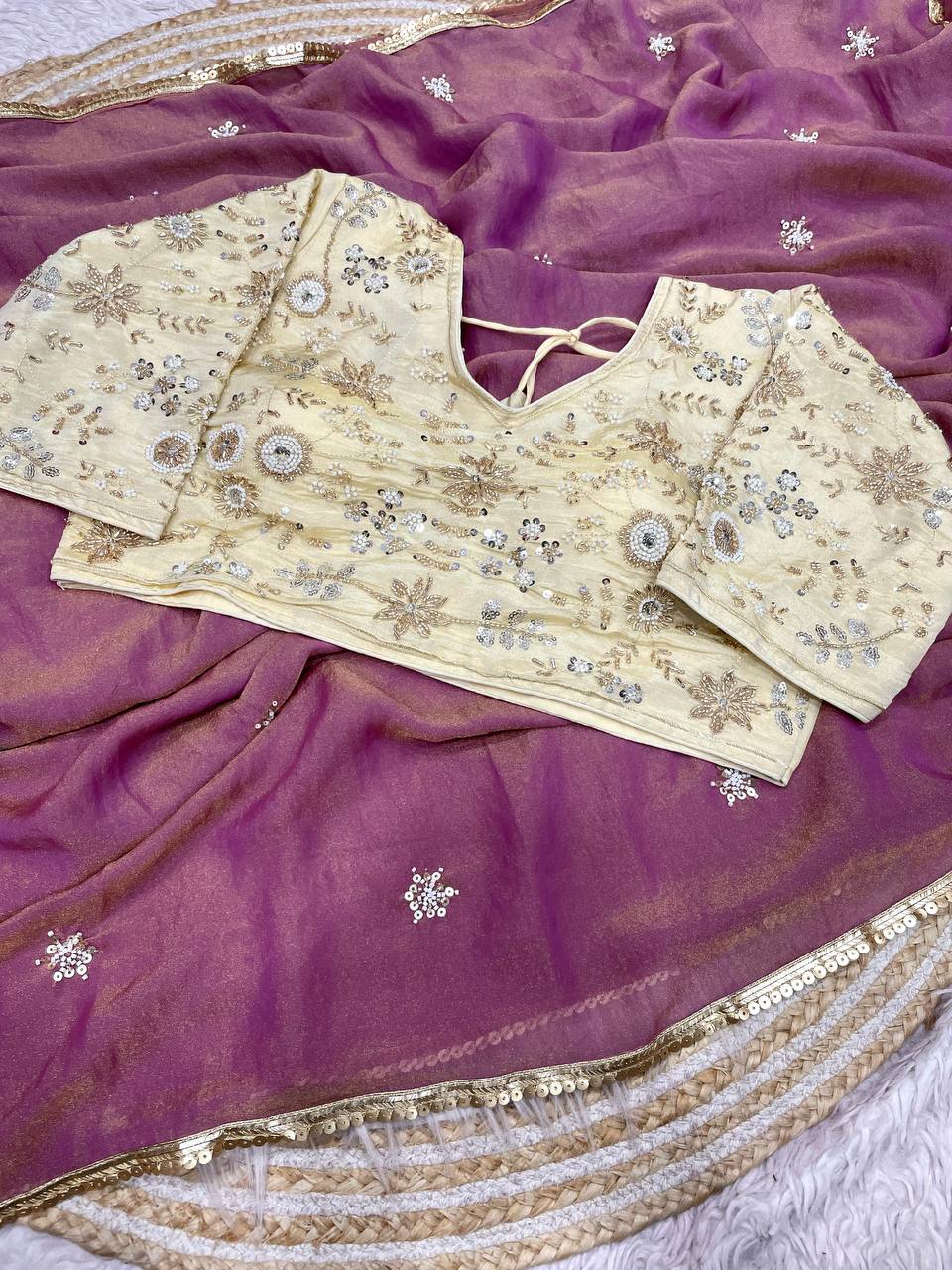 New Designer NC Moss Sattin Saree With All Over Birts Sequence Butti Work - Pink