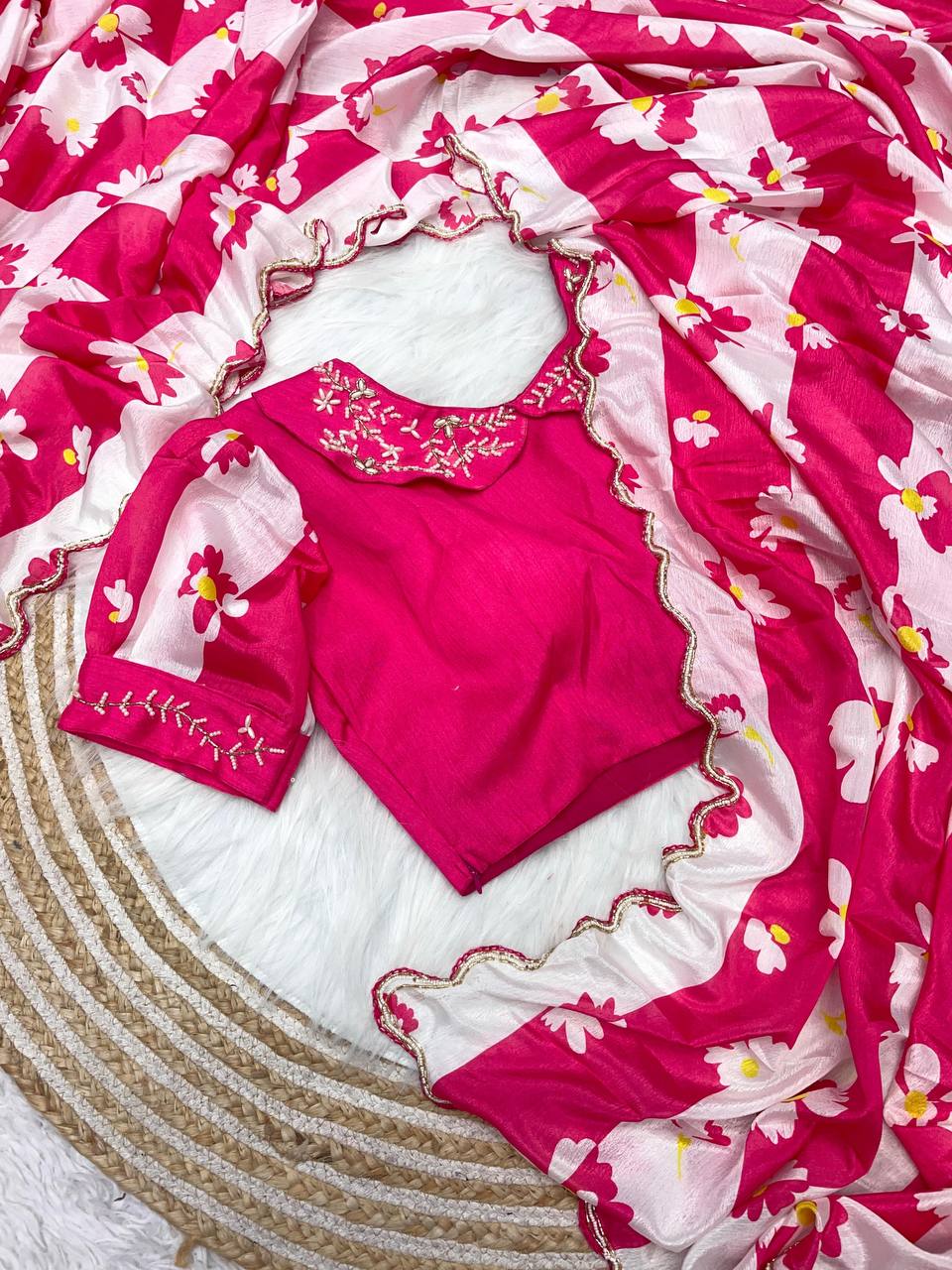 New Designer Digital Printed Chinnon Saree - Pink