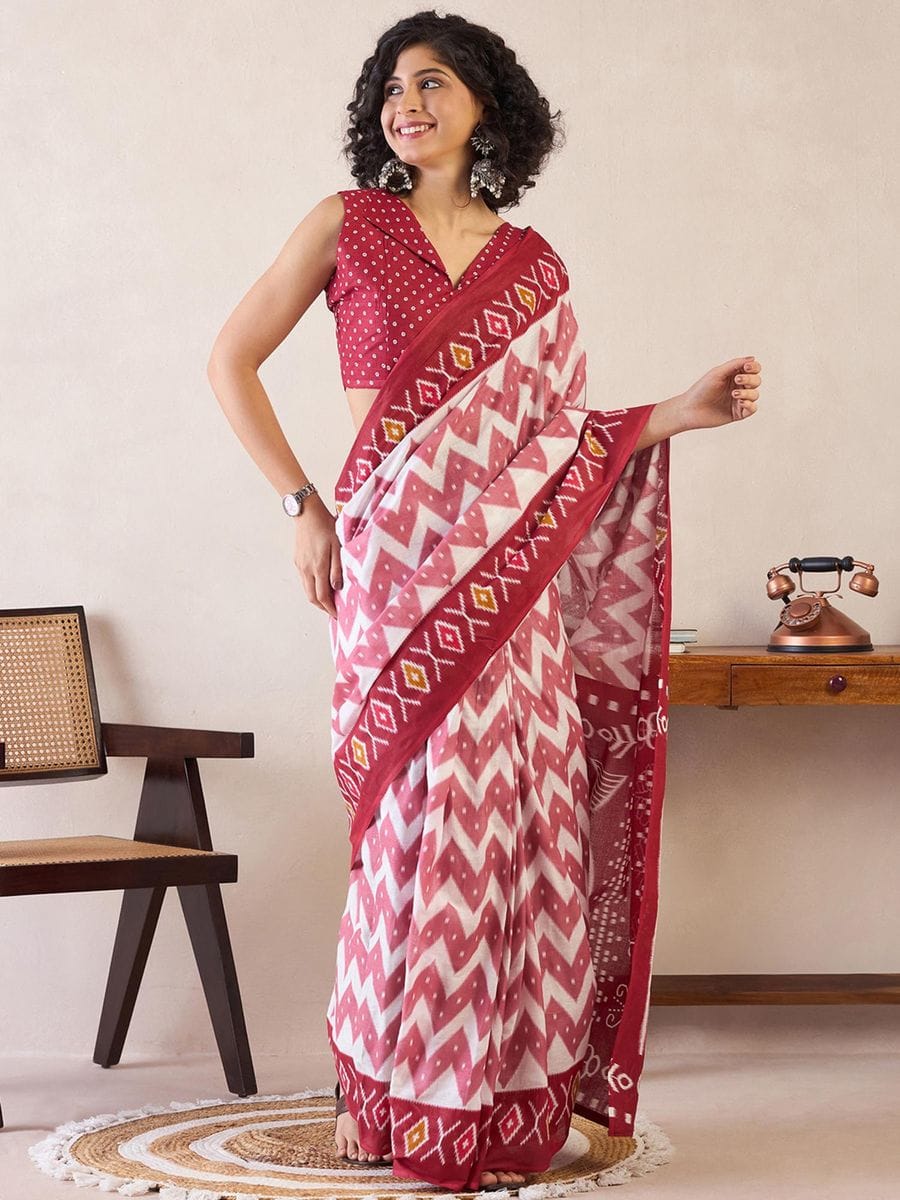 New One Minute Ready To Wear  Pure Soft Mul Cotton Silk zigzag Design Maroon-White Saree With Pocket Along With Same Model Digital printed Unstiched Blouse Piece