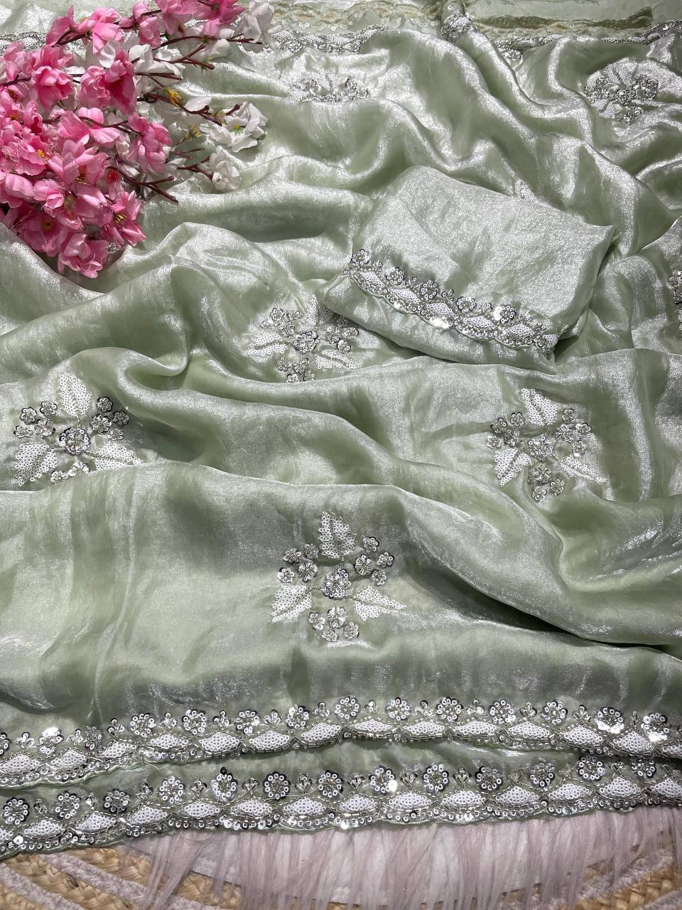 New Designer Fandy Sattin Saree With Brits Work - Pastel Green