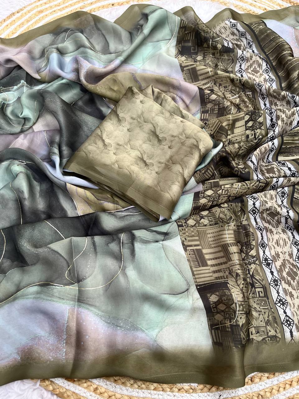 New Designer Bollywood Style Sattin Georgette Saree - Mehendi Green