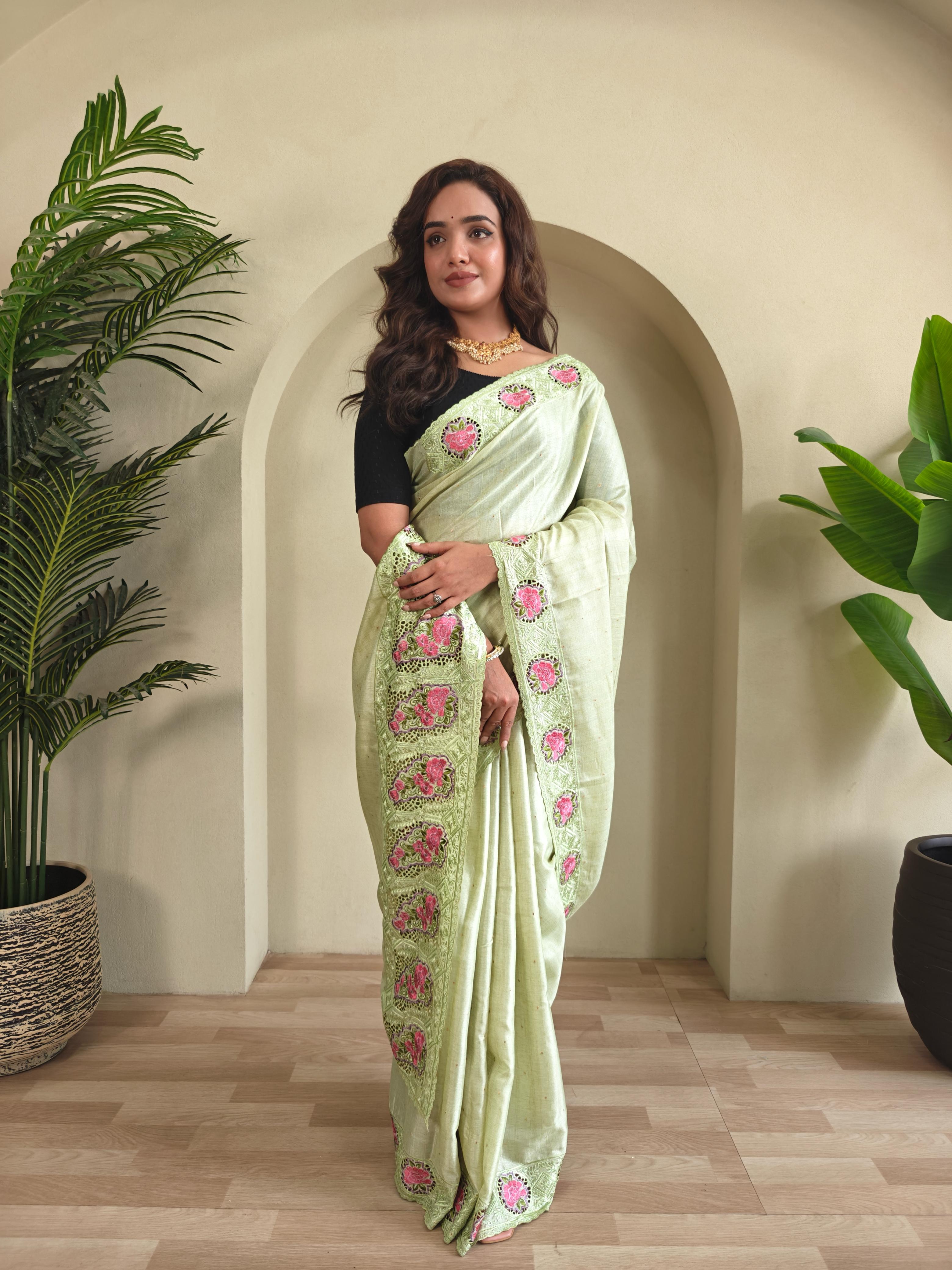 New Designer Soft Tussur Silk Pastel Green Saree With Super Fine Embroidered Pattern With Running Unstiched Blouse Piece