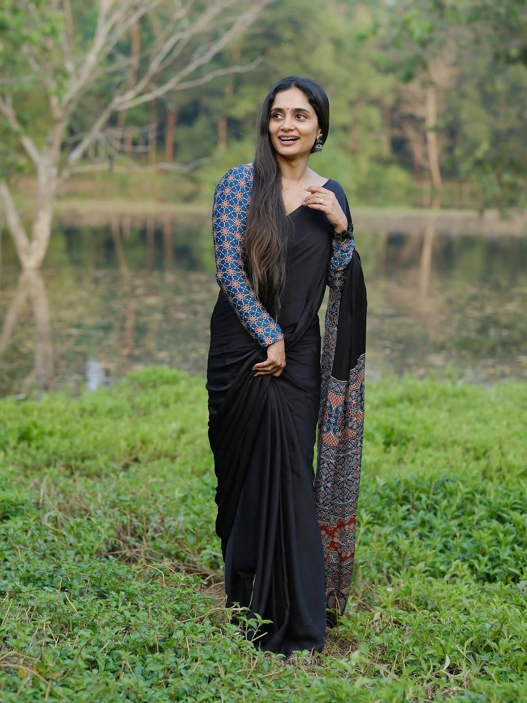 New One Minute Ready To Wear Digital Printed Crape Silk Black Saree