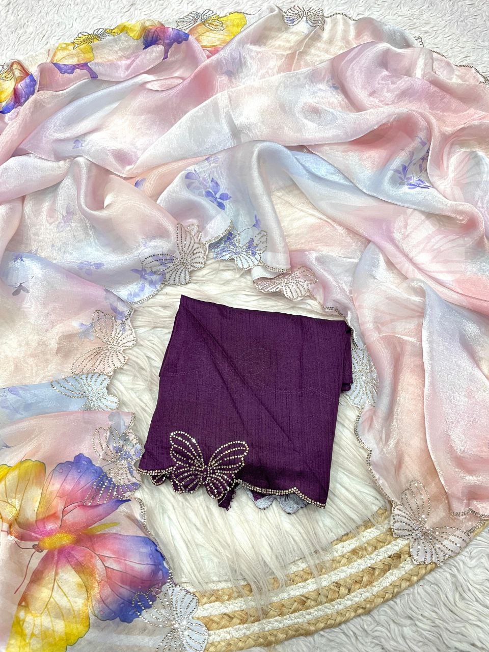 New Designer Digital Printed Fandy Sattin Saree With Jarkhan And Siroski Work