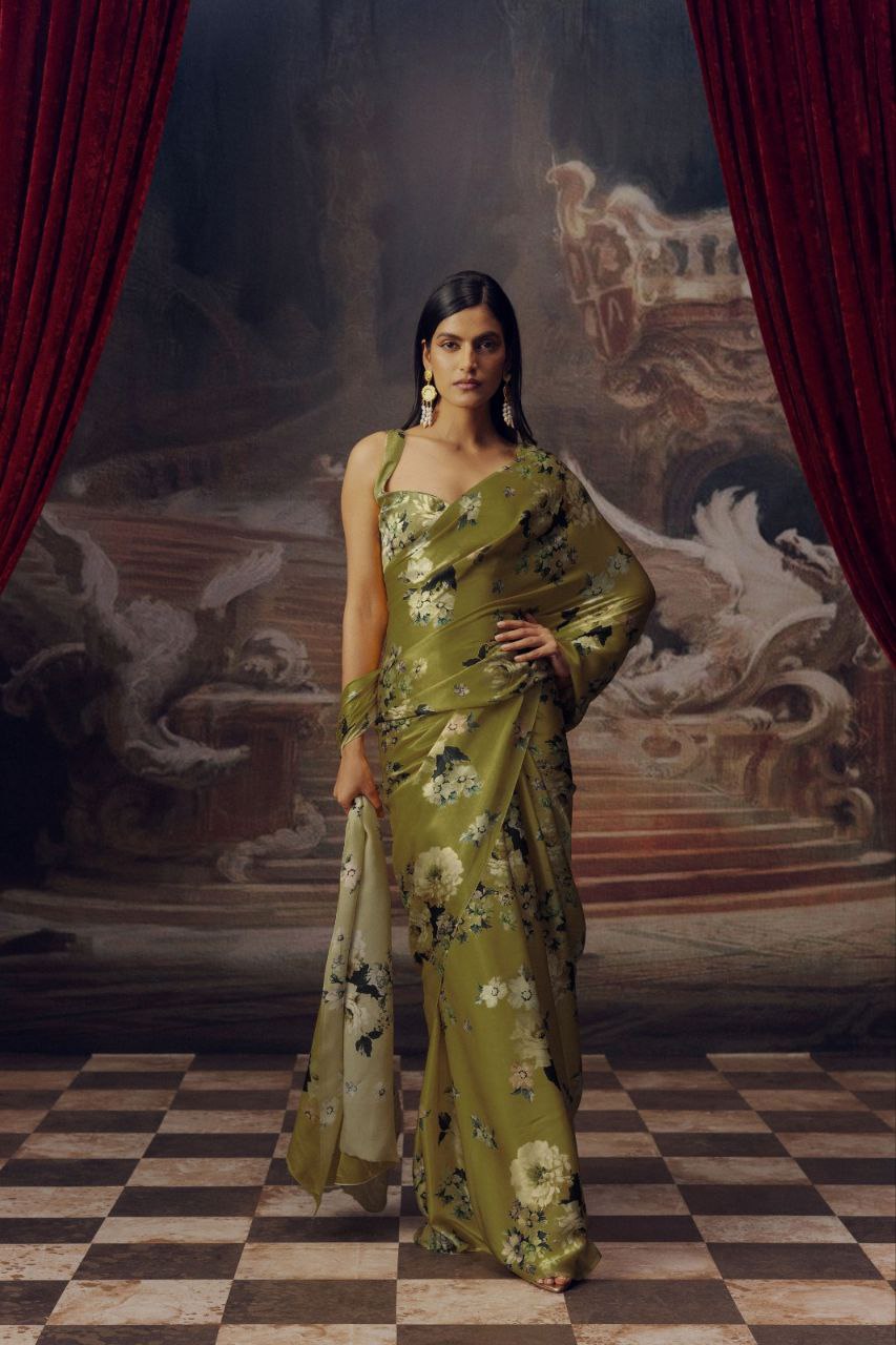 New Designer Premium Flower Printed Satin Mehendi Green Saree