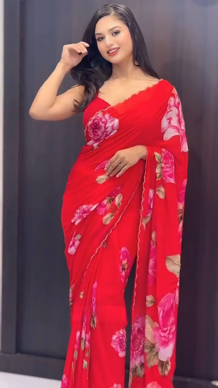New One Minute Ready To Wear Pure Georgette Silk Red Saree With Beautiful Cutdana Handwork With Unstiched Blouse Piece